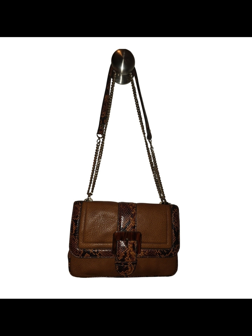 Brahmin Brown Leather Shoulder Bag with Snake-Print Accent